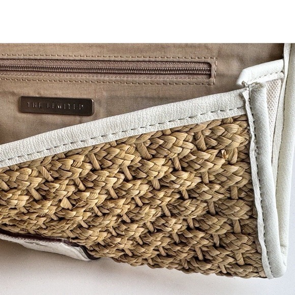 The Limited Woven Straw Clutch Bag White Trim Studded Buckle Tan Boho Chic 47-13